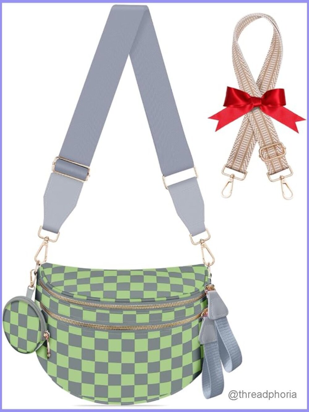 Checkered Crossbody Bag Large Nylon Belt Purse Fanny Pack with Extra Strap